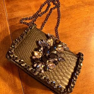 Black Embellished Clutch with Chain Strap